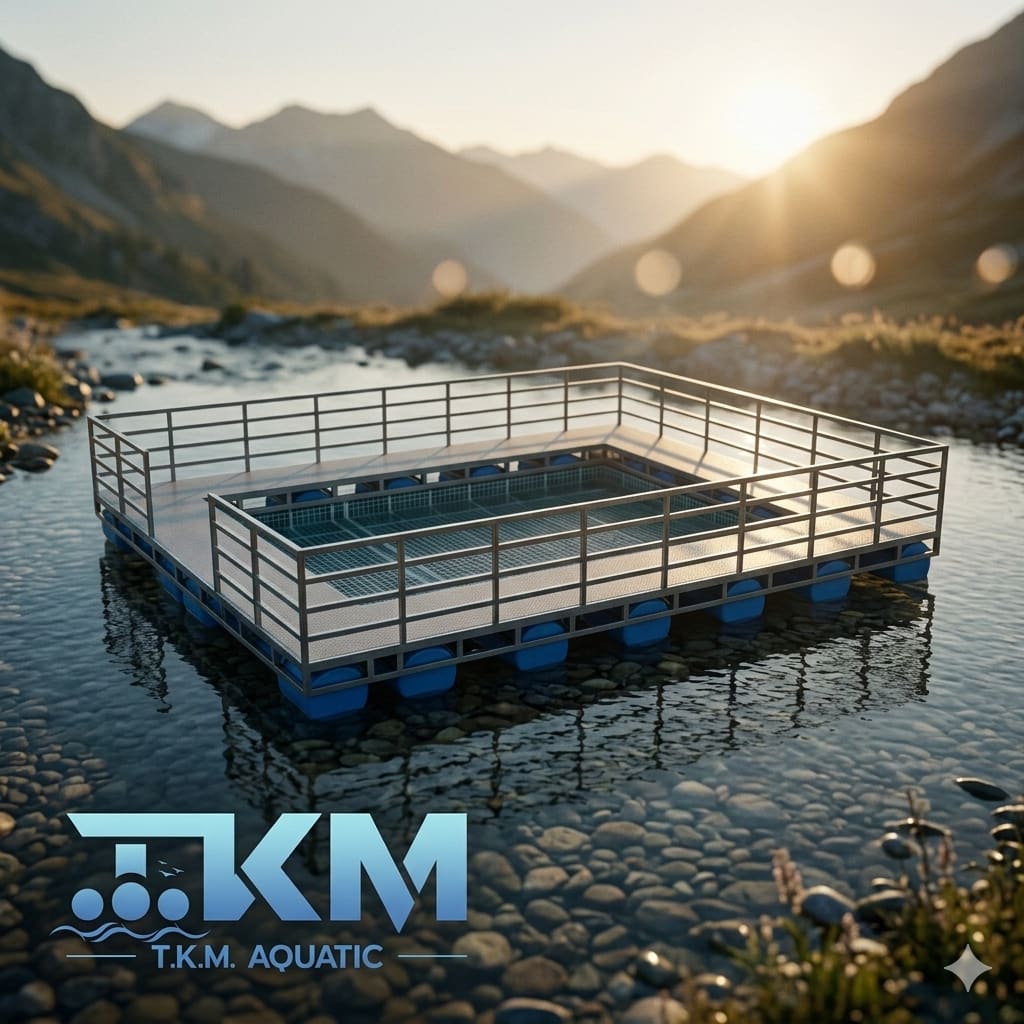 ภาพแนวคิด: แพราวกันตกรอบด้านในลำธารภูเขา — แพพักผ่อน (ศาลาลอยน้ำ) T.K.M. Aquatic