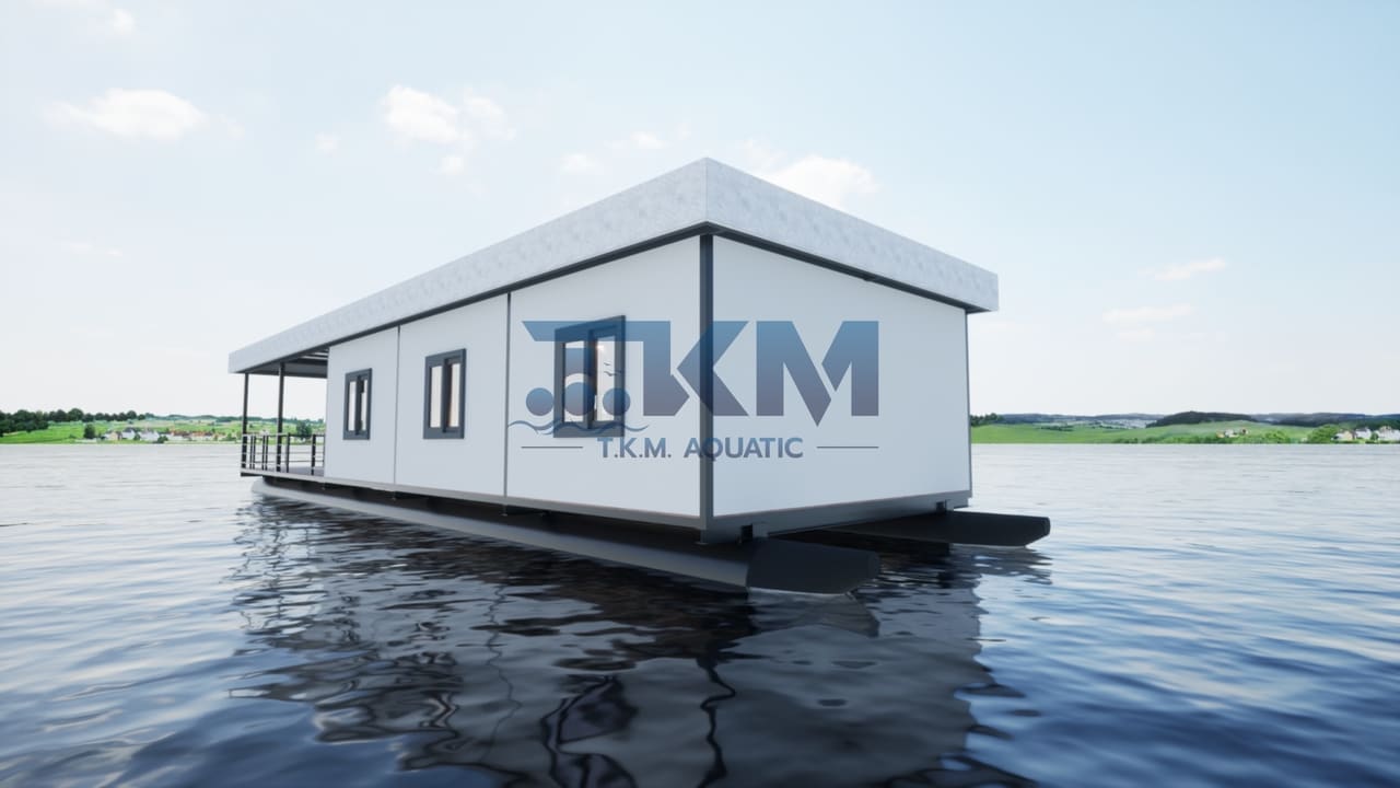 ภาพจำลอง: อาคารสำนักงานลอยน้ำ มุมด้านข้าง — แพสำนักงานในน้ำ T.K.M. Aquatic