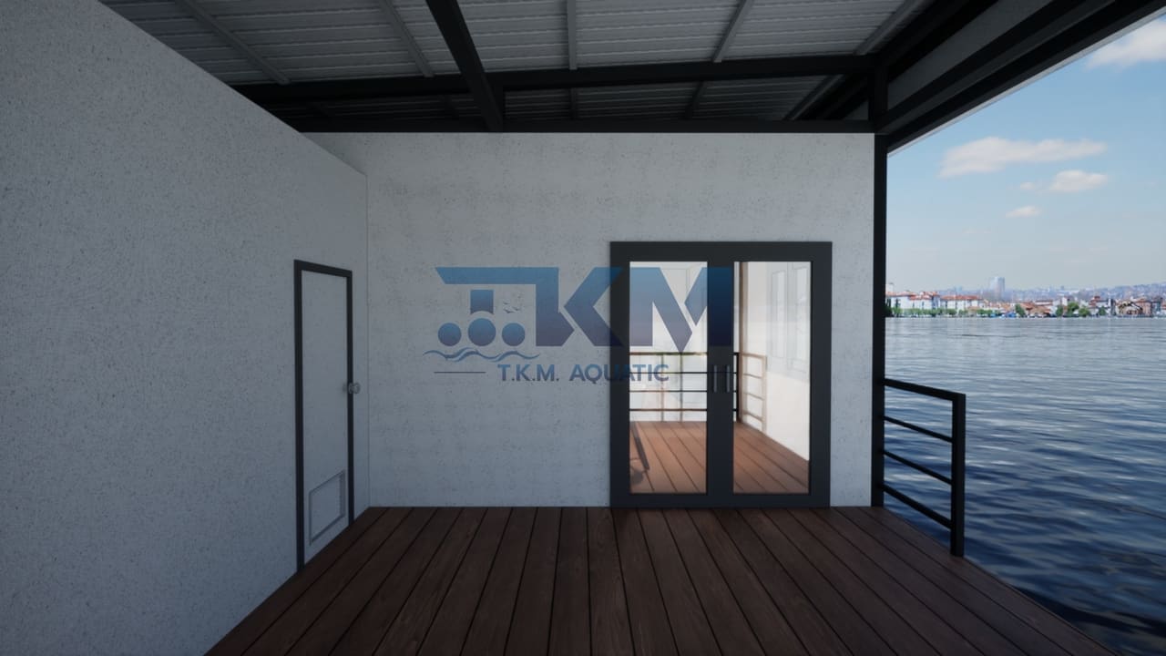 ภาพจำลอง: ระเบียงทางเข้าอาคารสำนักงานบนแพ — แพสำนักงานในน้ำ T.K.M. Aquatic