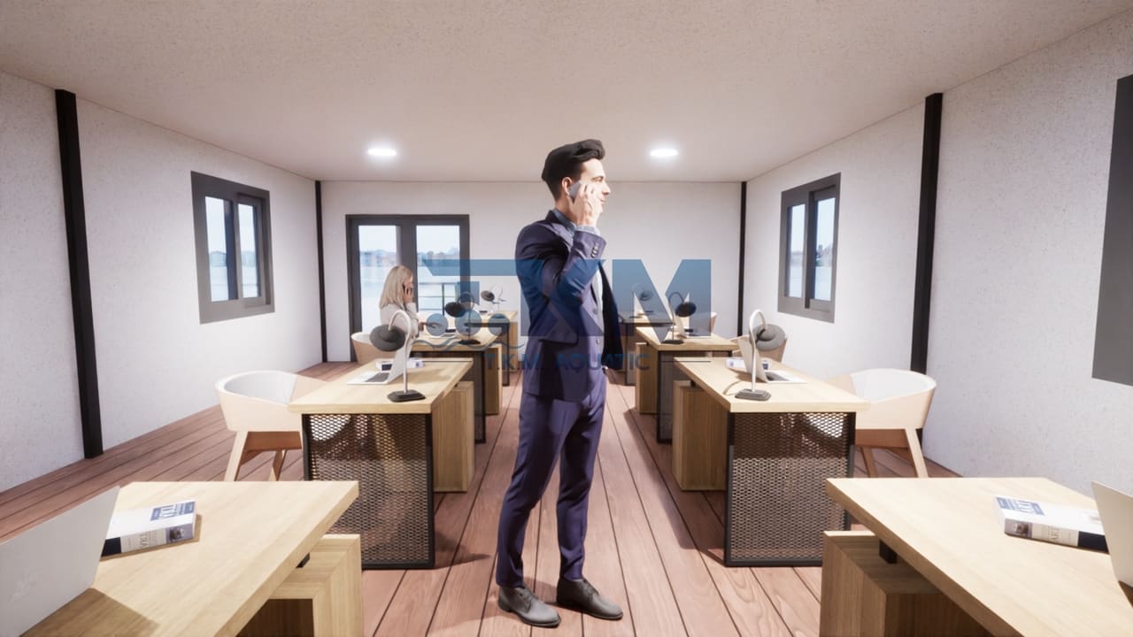 ภาพจำลองภายใน: ห้องทำงานบนแพพร้อมโต๊ะทำงาน — แพสำนักงานในน้ำ T.K.M. Aquatic