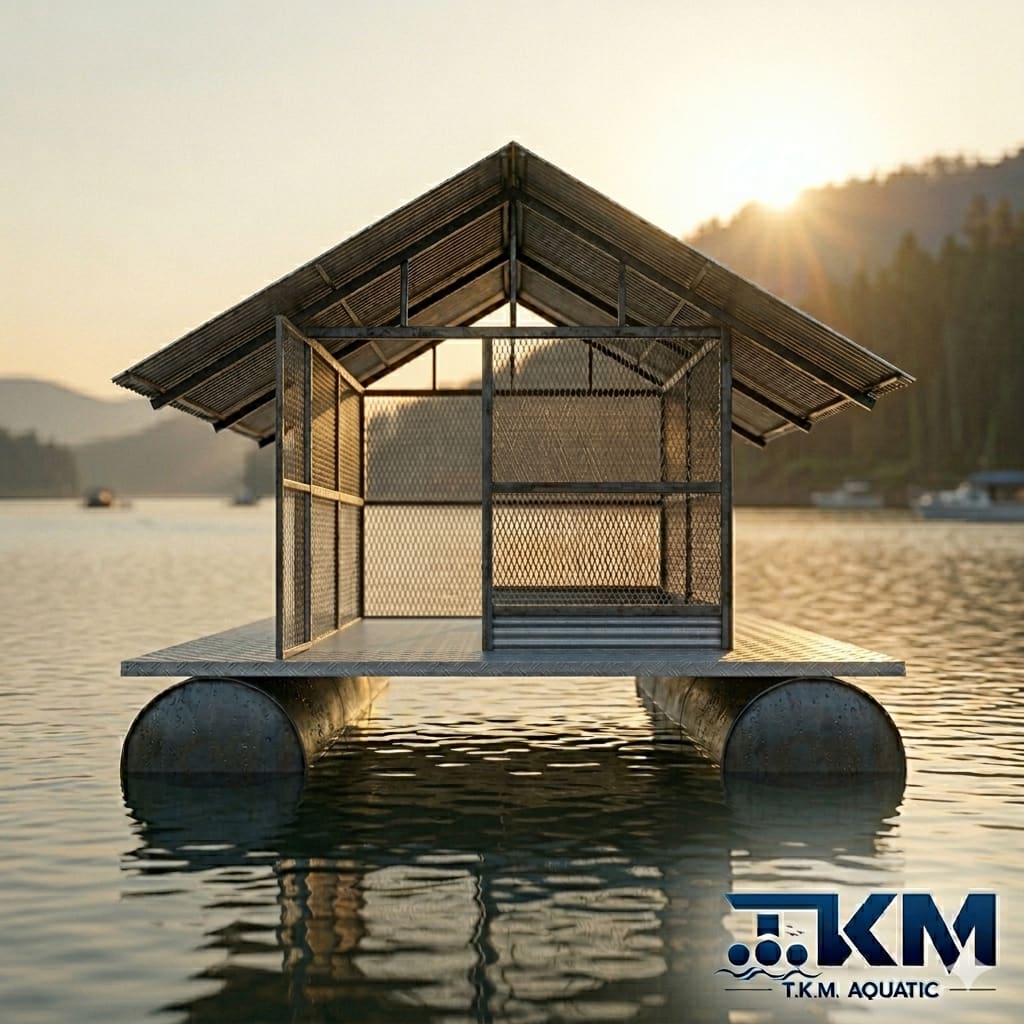 ภาพจำลอง: โรงเครื่องสูบน้ำผนังตะแกรงบนทุ่นเหล็กกลางน้ำ — แพสำหรับเครื่องสูบน้ำขนาดเล็ก T.K.M. Aquatic