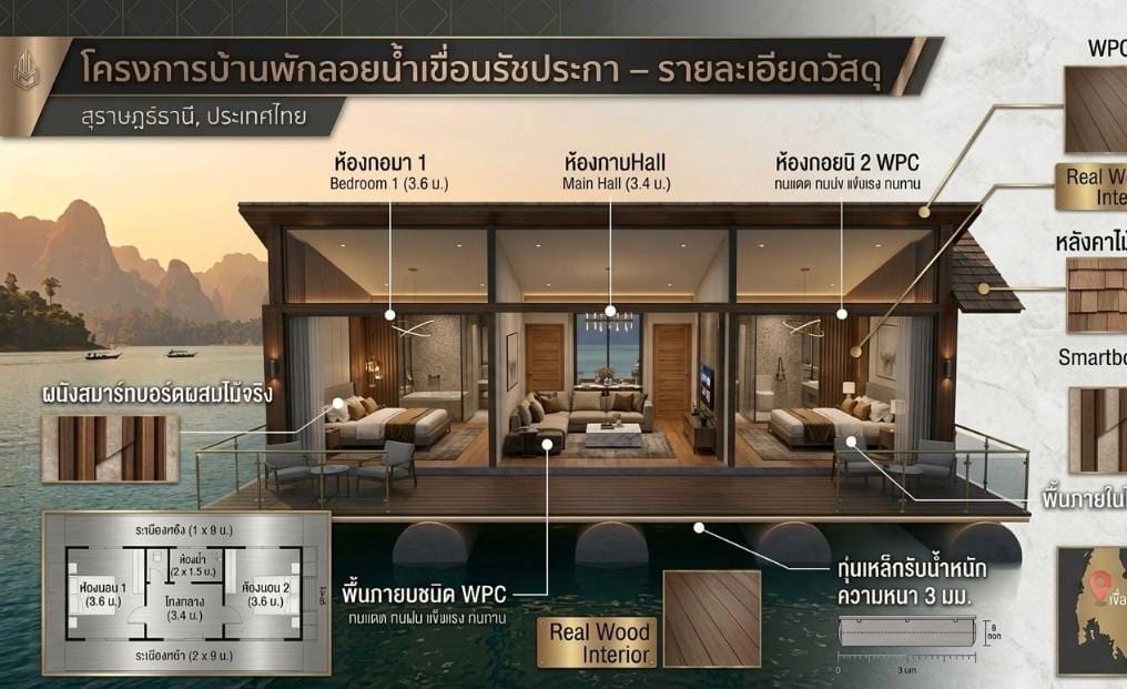แผ่นนำเสนอแบบ: ภายในบ้านพักลอยน้ำ ห้องนอน 2 ห้องและโถงกลาง — แพที่พักสำหรับรีสอร์ท T.K.M. Aquatic