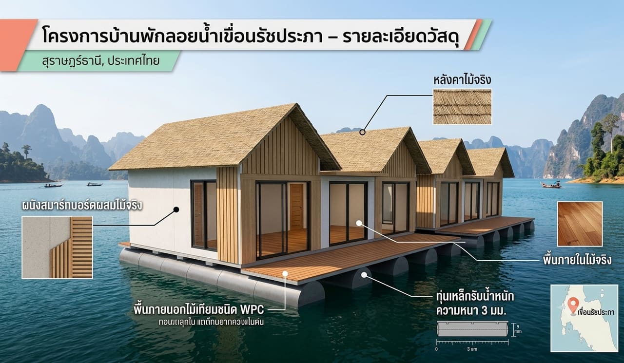 แผ่นนำเสนอแบบ: บ้านพักลอยน้ำผนังสีอ่อนเรียงแถว พร้อมรายละเอียดวัสดุ — แพที่พักสำหรับรีสอร์ท T.K.M. Aquatic