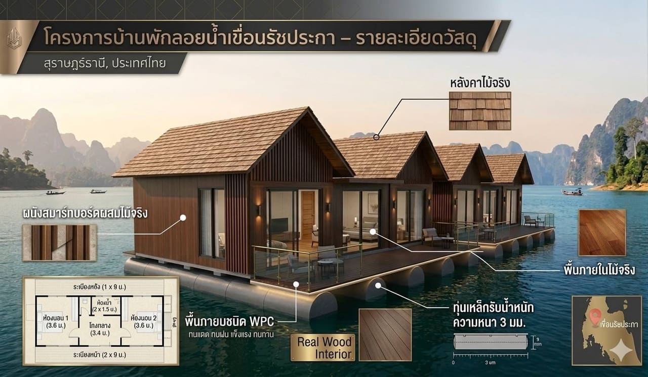 แผ่นนำเสนอแบบ: บ้านพักลอยน้ำเรียงแถว พร้อมรายละเอียดวัสดุ — แพที่พักสำหรับรีสอร์ท T.K.M. Aquatic