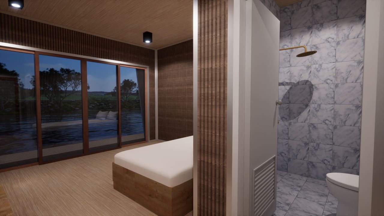 ภาพจำลองภายใน: ห้องนอนและห้องน้ำของบ้านพักลอยน้ำ — แพที่พักสำหรับรีสอร์ท T.K.M. Aquatic