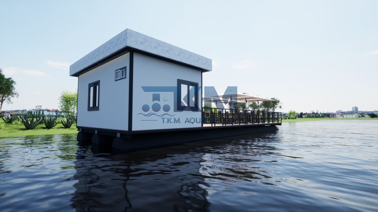 ภาพจำลอง: แพร้านอาหาร อาคารสีขาวพร้อมลานโต๊ะด้านหลัง — แพร้านอาหาร T.K.M. Aquatic