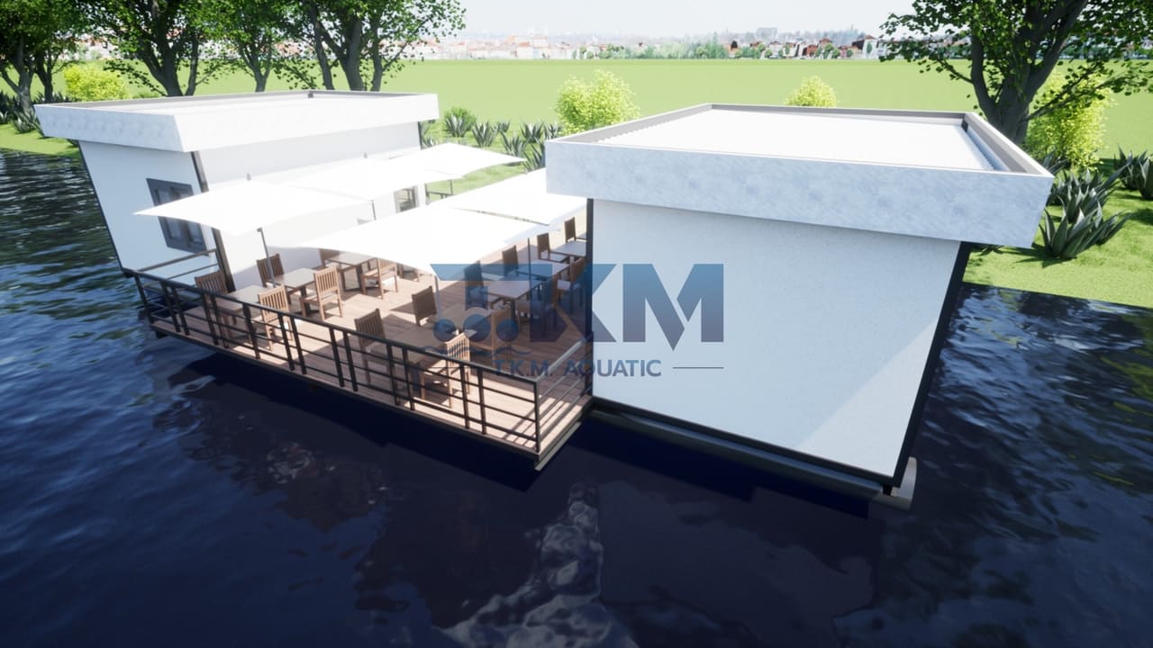 ภาพจำลอง: ลานโต๊ะอาหารบนแพระหว่างอาคารสองหลัง — แพร้านอาหาร T.K.M. Aquatic