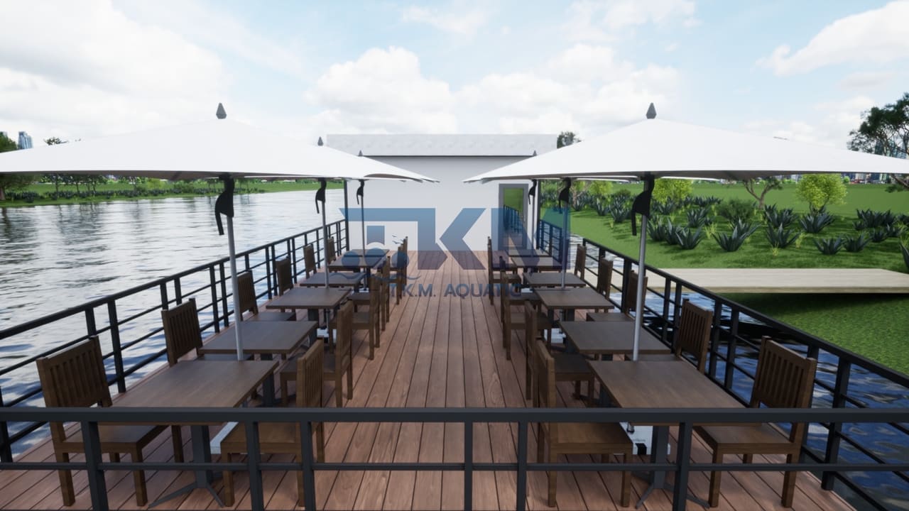ภาพจำลอง: ลานโต๊ะอาหารบนแพ มองเข้าหาอาคาร — แพร้านอาหาร T.K.M. Aquatic