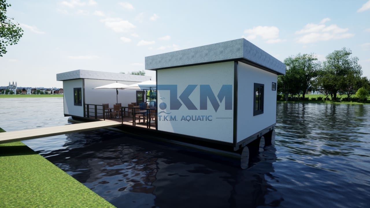 ภาพจำลอง: แพร้านอาหารพร้อมทางเดินเชื่อมจากฝั่ง — แพร้านอาหาร T.K.M. Aquatic