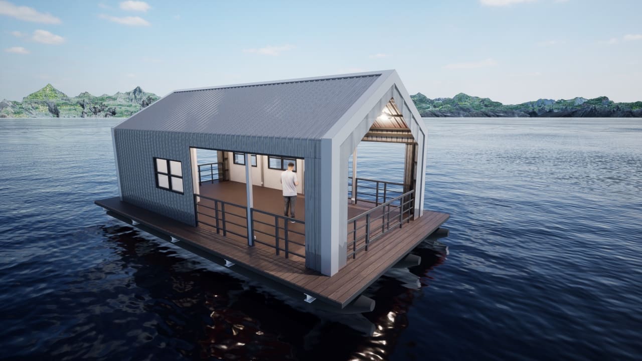 ภาพจำลอง: บ้านพักลอยน้ำหลังคาจั่วผนังสีเทา พร้อมระเบียงหน้า — แพที่พักล่องในลำน้ำ เขื่อน แม่น้ำ T.K.M. Aquatic